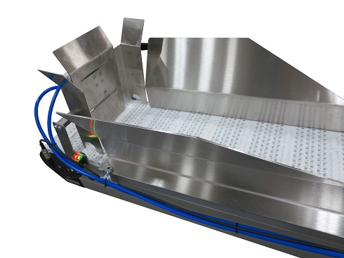 Adjustable in-feed chute guided conveyor