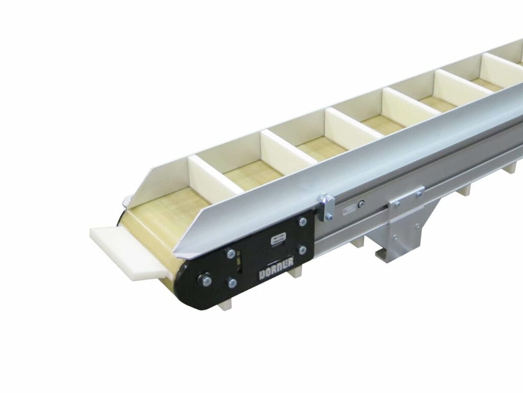 Image of a Dorner 3200 Precision Move Cleated conveyor, which can manage high-speed and high-precision applications.