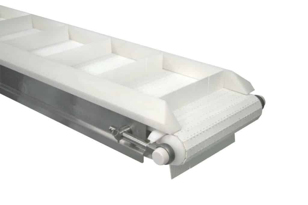 AquaPruf 7400 cleated conveyor belt, designed for sanitary applications.