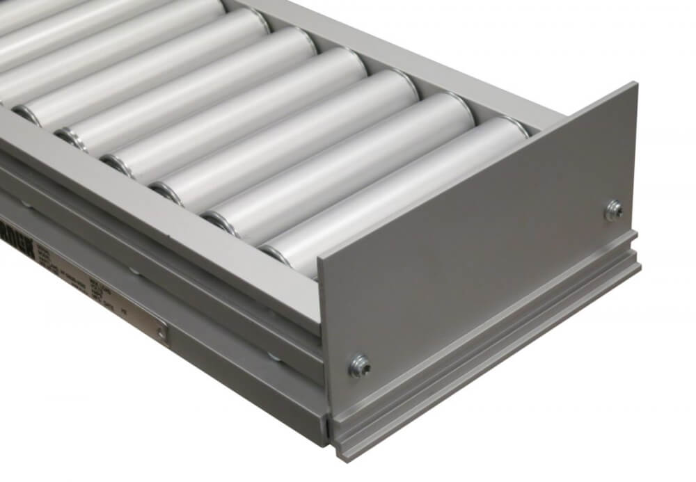 A Dorner 2200 gravity roller conveyor end stop.