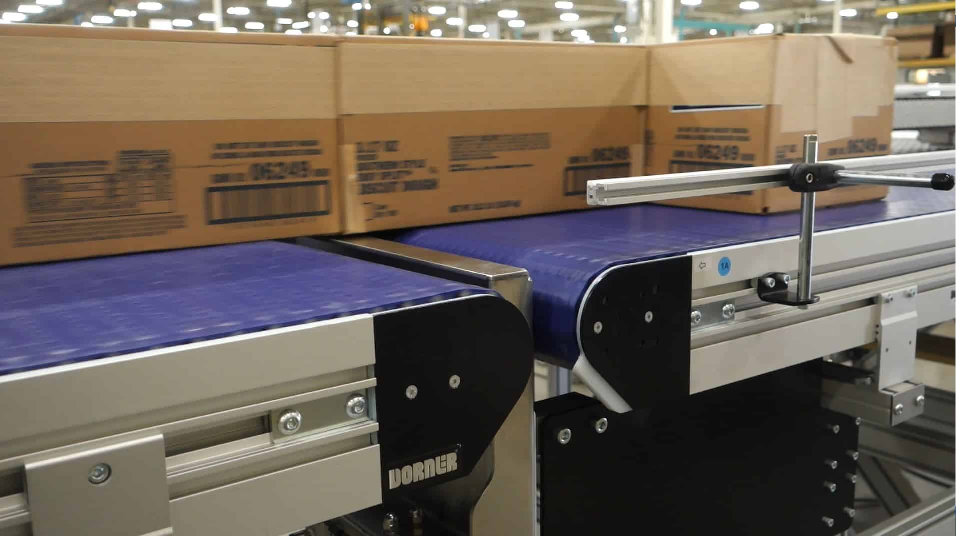 A Dorner 3200 conveyor system is used to facilitate the transfer of boxes to promote efficiency and worker safety.