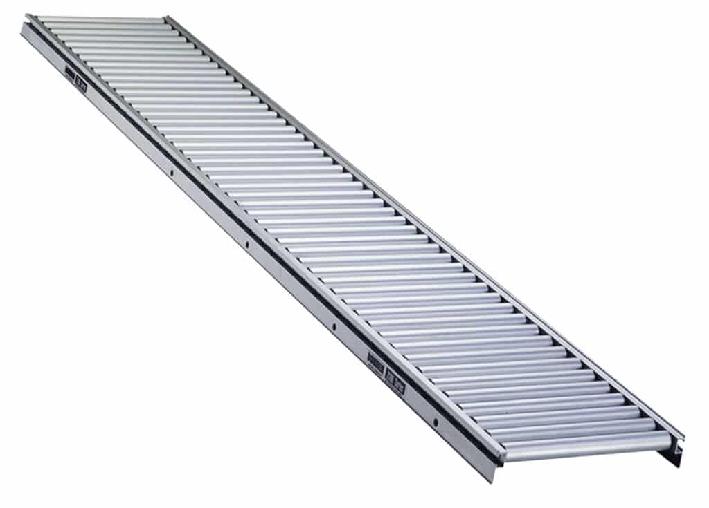 A 2200 gravity roller conveyor from Dorner at a diagonal angle.