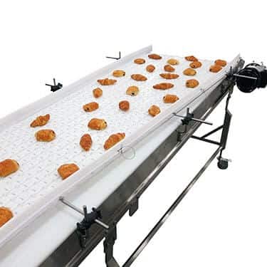 Individual baked goods on a sanitary conveyor for product inspection and quality control.