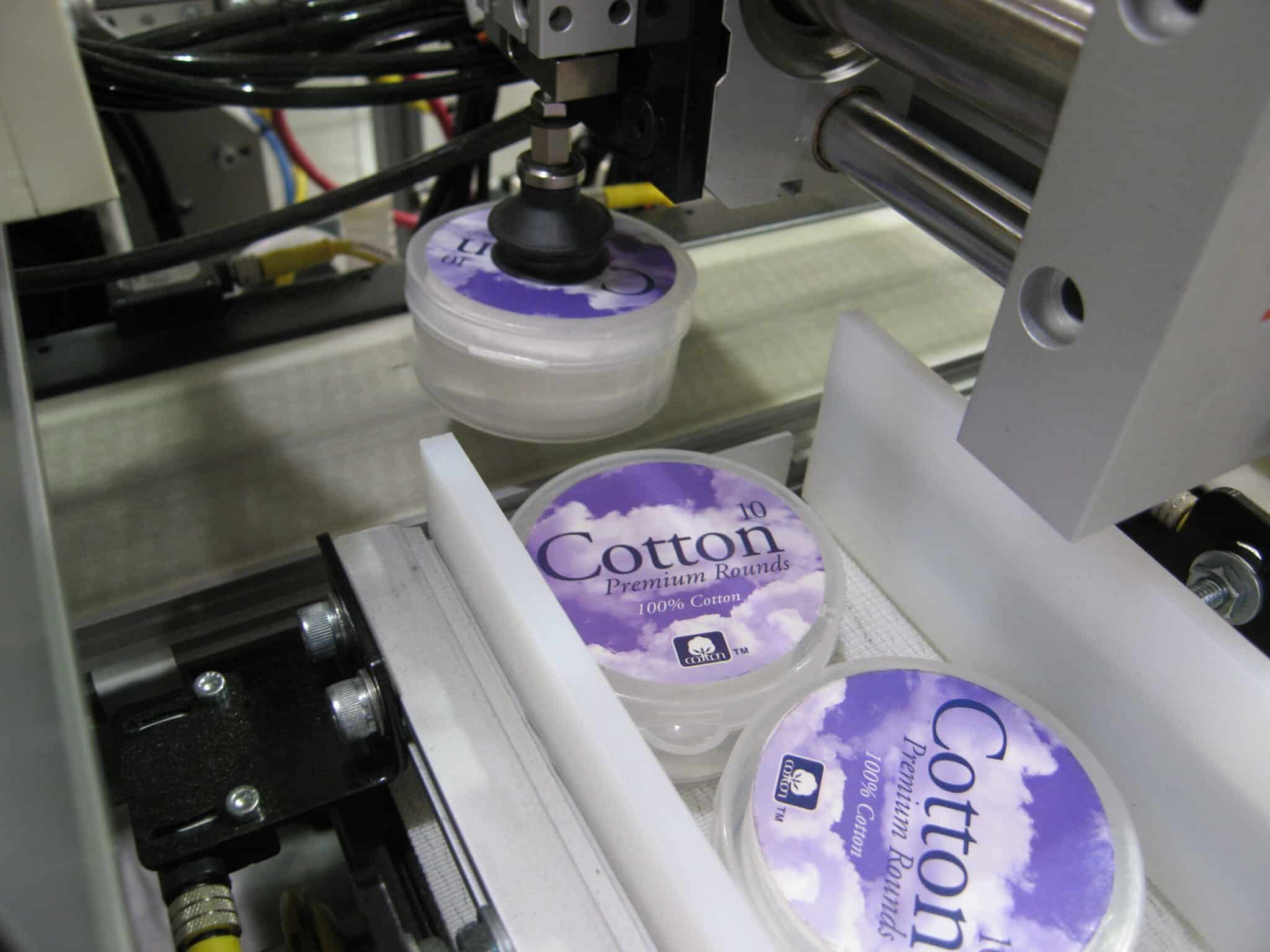 Cotton pads on Dorner FlexMove Covneyor.